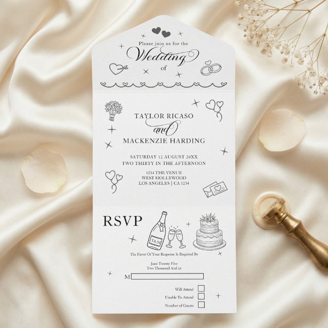 Invitación Todo En Uno Dibujos Caprichosos de Boda Grises y Blancos (Wedding Whimsical Doodles Grey and White All In One Invitation by Ricaso. Modern chic invite, rsvp)