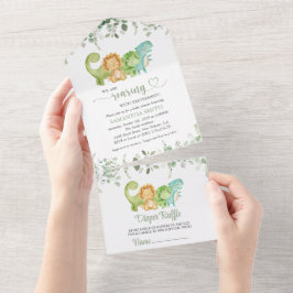 Invitación Todo En Uno Dinosaurios Cute, T-Rex, Jurásico, Baby Shower