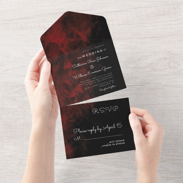 Invitación Todo En Uno Diseño de boda moderno apasionado rojo y negro (desgarro)