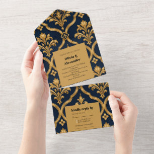 Invitación Todo En Uno Diseño de Motivo Vintage de Damasco Dorado y Azul