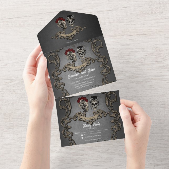 Invitación Todo En Uno Diseño gótico con calaveras frescas f (desgarro)