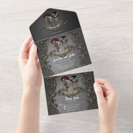 Invitación Todo En Uno Diseño gótico con calaveras frescas f