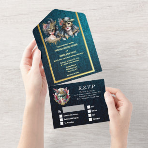Invitación Todo En Uno Disfraz de máscaras de oro de damasco azul boda de