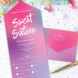 Invitación Todo En Uno Divertido Colorful Modern Sweet Dieciséis cumpleañ<br><div class="desc">Esta moderna fiesta de cumpleaños Sweet Sixteen ofrece un colorido fondo degradado en tonos rosa, agua y morado con escritura de pincel blanco y tipografía moderna. El saludo del guión del cepillo dice "Sweet Sixteen". El exterior de la invitación presenta el mismo gradiente de color. La parte externa en la...</div>