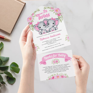 Invitación Todo En Uno Doble Cumpleaños de Elefante Floral Rosa para Niña