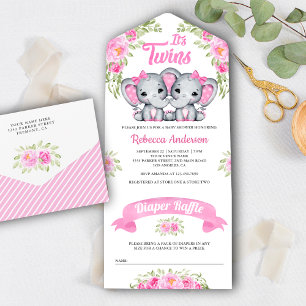 Invitación Todo En Uno Doble niñas elefante floral rosa baby shower