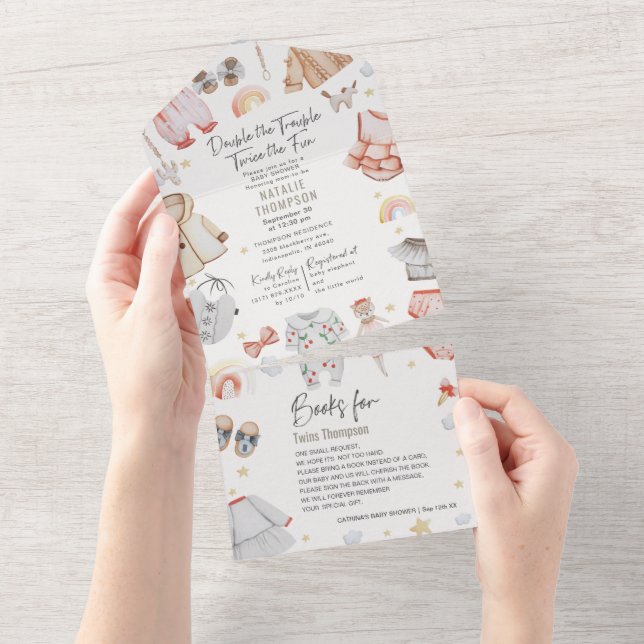 Invitación Todo En Uno Doble problema Ropa gemelos Chicas Libros Baby Sho (desgarro)