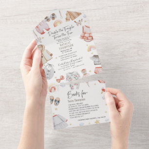 Invitación Todo En Uno Doble problema Ropa gemelos Chicas Libros Baby Sho
