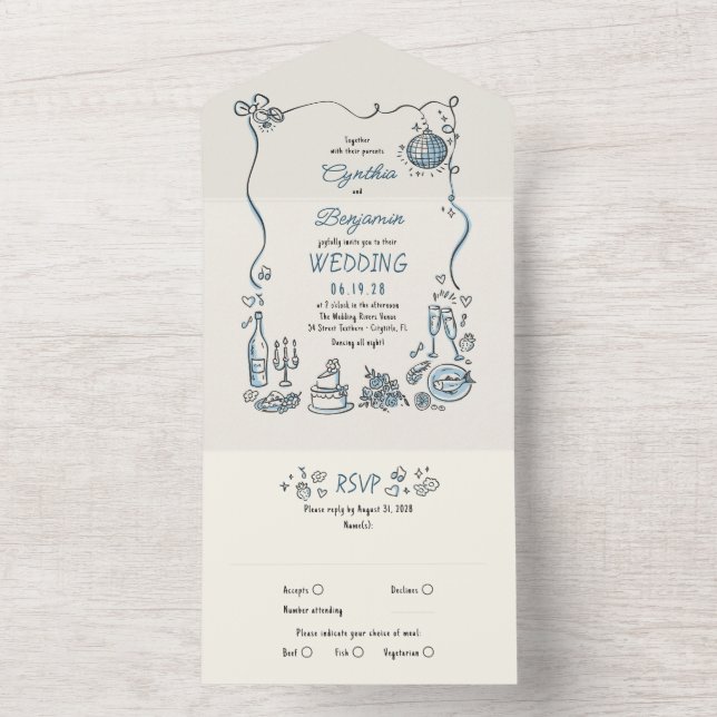 Invitación Todo En Uno Doodles dibujados a mano Funky Quirky Boda moderno (Interior)