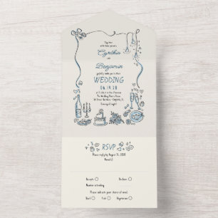 Invitación Todo En Uno Doodles dibujados a mano Funky Quirky Boda moderno