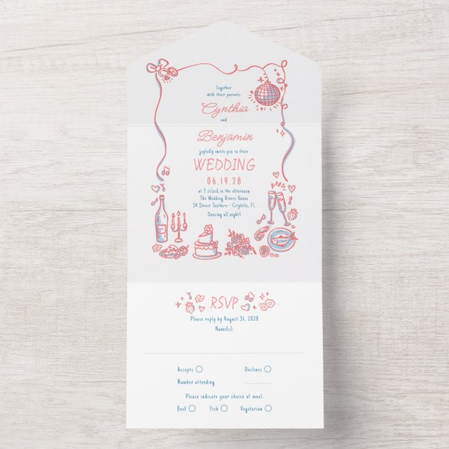 Invitación Todo En Uno Doodles dibujados a mano Funky Quirky Boda moderno (Interior)