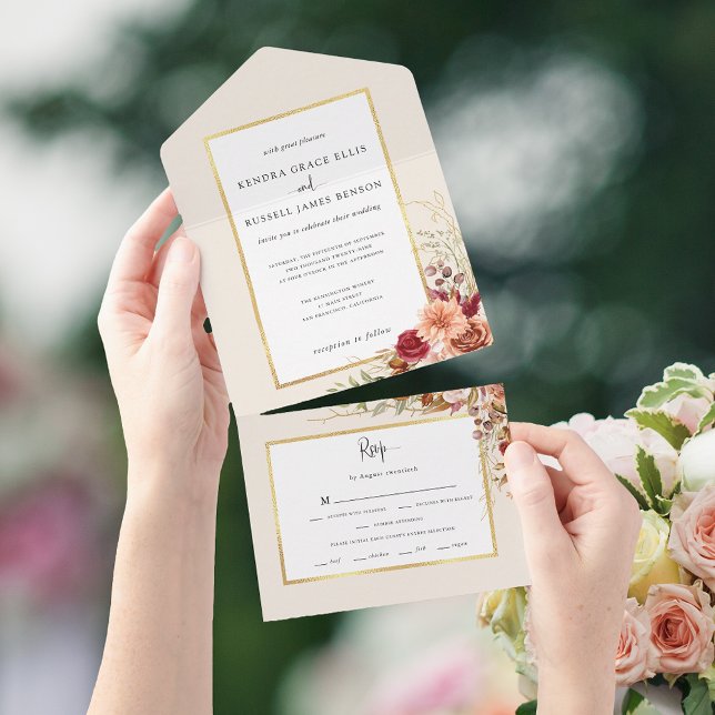 Invitación Todo En Uno Dorado Fall Terracotta Floral (Subido por el creador)