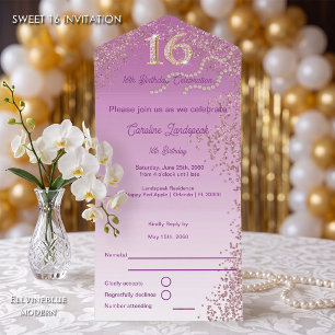 Invitación Todo En Uno Dorado Rosa Brillante Caligrafía Número Dulce 16