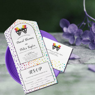 Invitación Todo En Uno Dos novios confetti color arcoiris boda gay