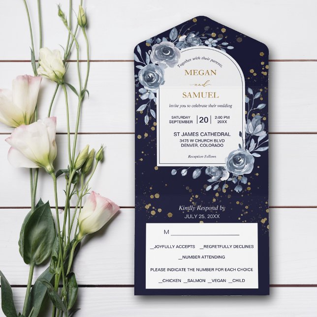 Invitación Todo En Uno Dramática Rosa Azul Bouquet Boda fotográfico (Subido por el creador)