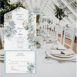 Invitación Todo En Uno Dreamy Dusty Blue Floral Watercolor Boda