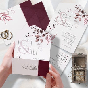 Invitación Todo En Uno Dreamy Foliage Boda Burgundy ID817