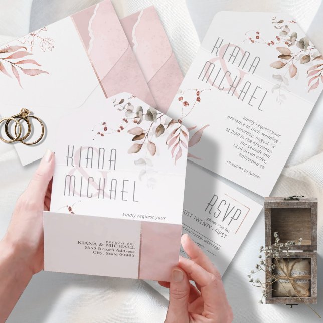 Invitación Todo En Uno Dreamy Foliage Boda Rubor Pink ID817 (Subido por el creador)