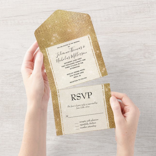 Invitación Todo En Uno Dreamy Glitzy Gold Sparkle Boda (desgarro)