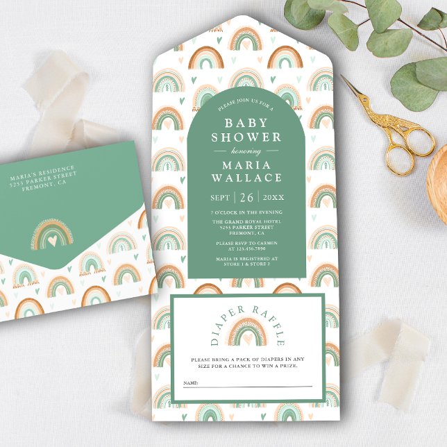 Invitación Todo En Uno Ducha de Bebé Arco Verde Menta Boho Arcoiris (Subido por el creador)