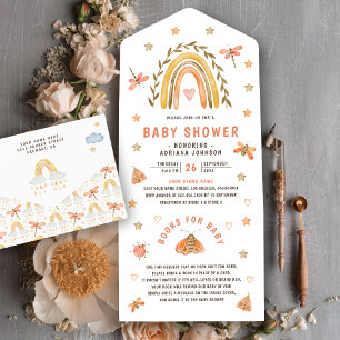 Invitación Todo En Uno Ducha de Bebé Arcoíris Boho Acuarela Rústica Insec