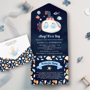 Invitación Todo En Uno Ducha de bebé azul marino submarino lindo