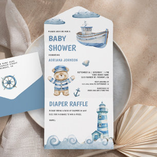 Invitación Todo En Uno Ducha de bebé de barco náutico de oso de peluche l