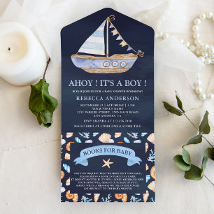 Invitación Todo En Uno Ducha de bebé de barco náutico rústico azul marino