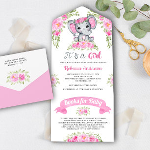 Invitación Todo En Uno Ducha de Bebé de Elefante con Acuarela Floral Rosa