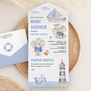 Invitación Todo En Uno Ducha de bebé de elefante náutico rústico lindo