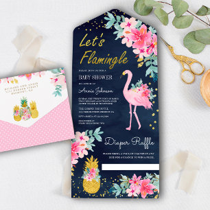 Invitación Todo En Uno Ducha de bebé de flamenco tropical floral rosa Nav