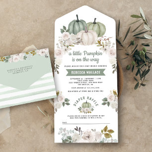 Invitación Todo En Uno Ducha de bebé de flores blancas y pequeña calabaza