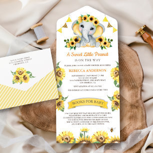 Invitación Todo En Uno Ducha de bebé de girasoles rústicos y elefante lin