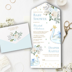 Invitación Todo En Uno Ducha de bebé de la princesa cisne floral azul pas