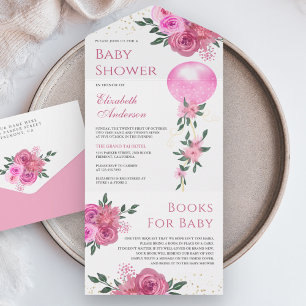 Invitación Todo En Uno Ducha de Bebé de Niña con Globo Floral Rosa