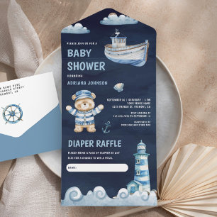 Invitación Todo En Uno Ducha de bebé de osito de peluche azul marino náut