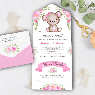 Invitación Todo En Uno Ducha de Bebé de Oso de Peluche Floral con Acuarel