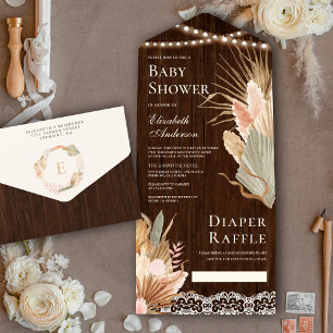 Invitación Todo En Uno Ducha de bebé de palma seca pampas boho madera rús