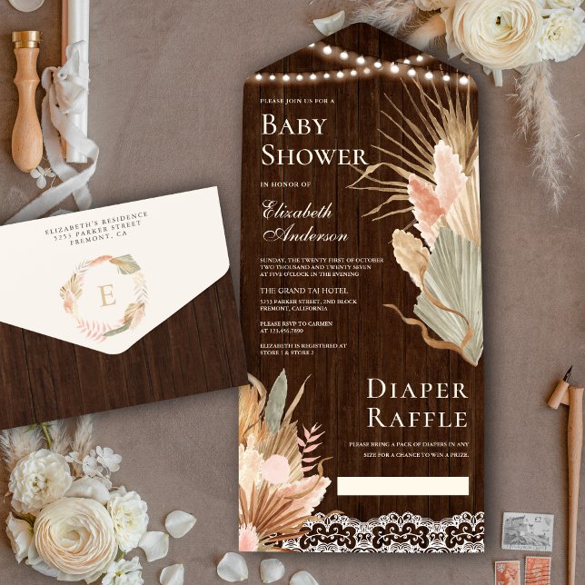 Invitación Todo En Uno Ducha de bebé de palma seca pampas boho madera rús (Subido por el creador)