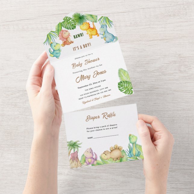 Invitación Todo En Uno Ducha de bebé de pequeño dinosaurio (desgarro)