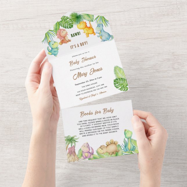 Invitación Todo En Uno Ducha de bebé de pequeño dinosaurio (desgarro)