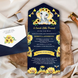 Invitación Todo En Uno Ducha de bebé del elefante azul marino con girasol