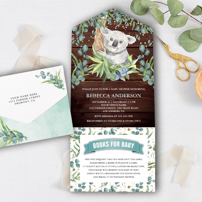 Invitación Todo En Uno Ducha de bebé del koala de eucalipto de madera rús (Subido por el creador)