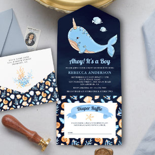 Invitación Todo En Uno Ducha de bebé del narval bajo el mar azul marino