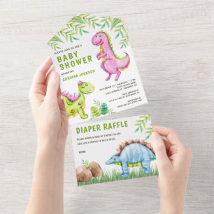 Invitación Todo En Uno Ducha de Bebé Dinosaurios Lindos Acuarela Moderna