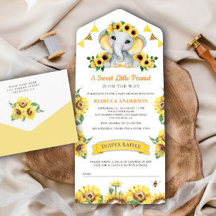 Invitación Todo En Uno Ducha de Bebé Elefante Girasoles Rústicos