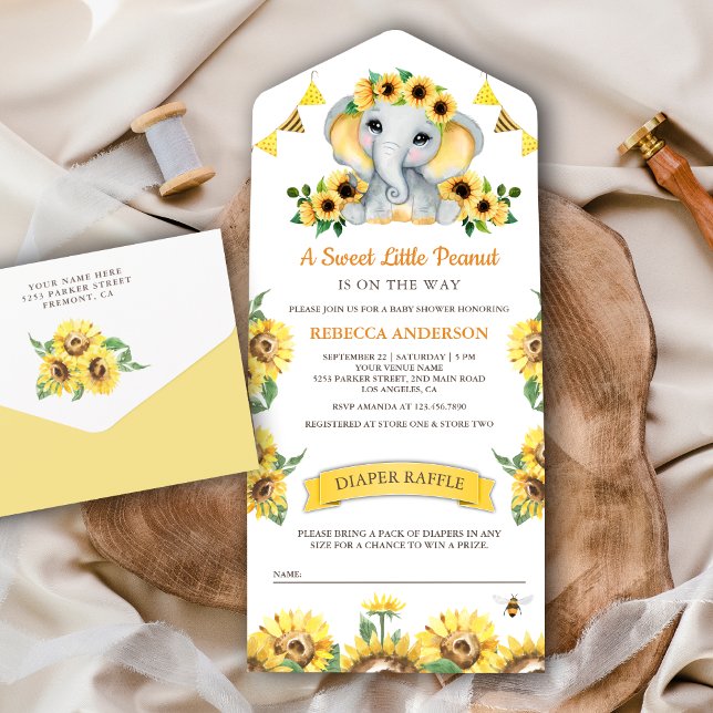 Invitación Todo En Uno Ducha de Bebé Elefante Girasoles Rústicos (Subido por el creador)
