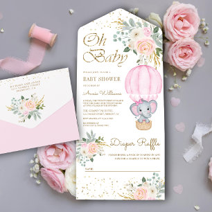 Invitación Todo En Uno Ducha de Bebé Elefante Globo Aerostático Floral Ro