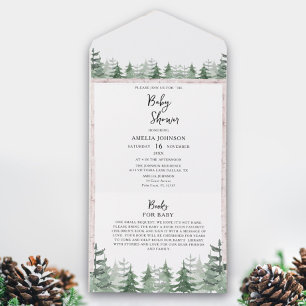 Invitación Todo En Uno Ducha de Bebé Elegante Acuarela Pino