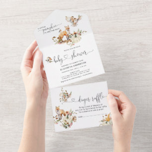 Invitación Todo En Uno Ducha de Bebé Floral de Calabaza Animales del Bosq